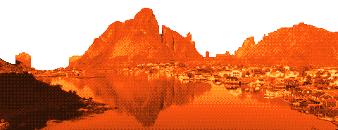 Pixel art av fjellene og fiskeværet Reine i Lofoten, i rav og rust, med himmelen skåret bort